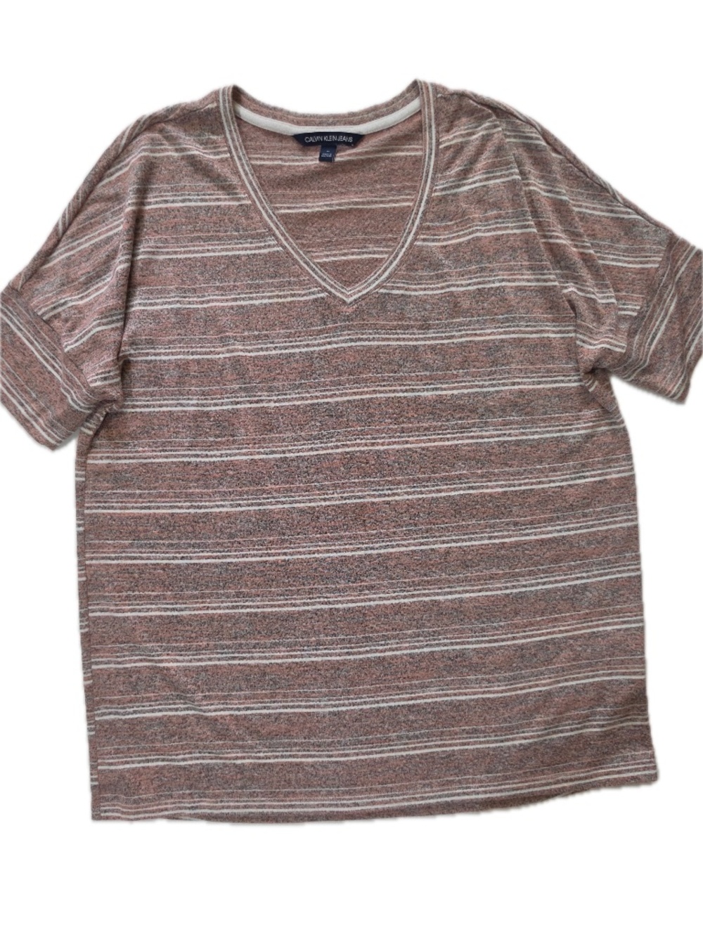 Calvin Klein Jeans Shirt Womens M Brown Striped V-Neck Basic T-Shirt Lightweight